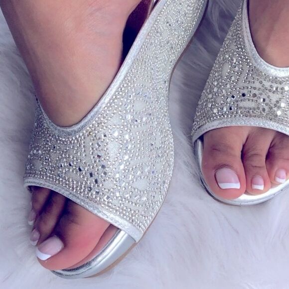 Italina Silver Metallic Rhinestone Crystal Jewel Embellished Wedge - Picture 1 of 8